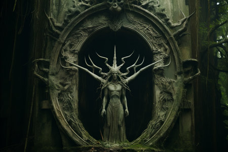 a woman standing in front of an ornate door in the woodsの素材