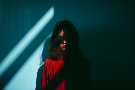 a woman is standing in front of a blue wallの素材