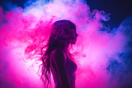 a woman is silhouetted in pink and blue smokeの素材