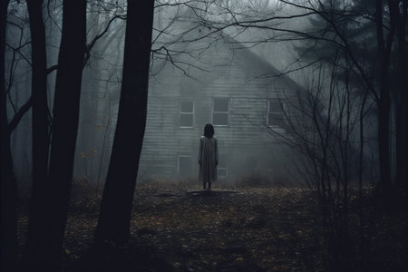 a woman standing in front of an old house in the woodsの素材