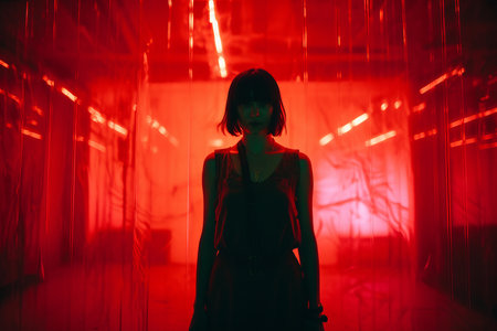 a woman standing in a red room with red lightsの素材