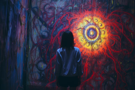 a woman standing in front of a colorful wallの素材