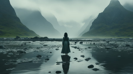 a woman standing in the middle of a river with mountains in the backgroundの素材