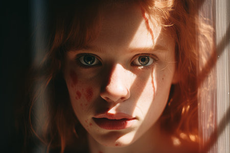 a woman with red hair and blue eyes looking out the windowの素材