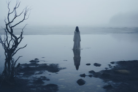 a woman in a white dress standing in the water on a foggy dayの素材