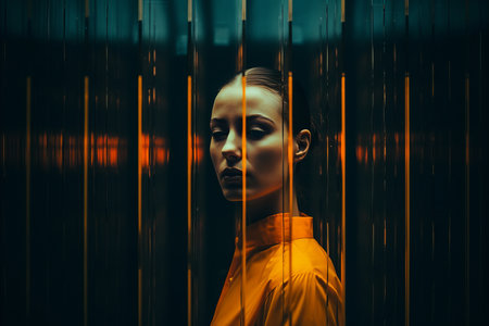 a woman in an orange shirt standing in front of barsの素材