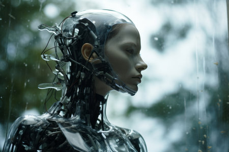 a woman in a robot suit standing in front of a windowの素材