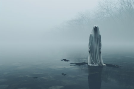 a woman in a white dress standing in the water on a foggy dayの素材