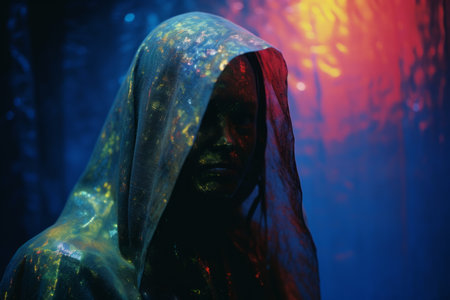 a woman in a hooded robe standing in front of colorful lightsの素材