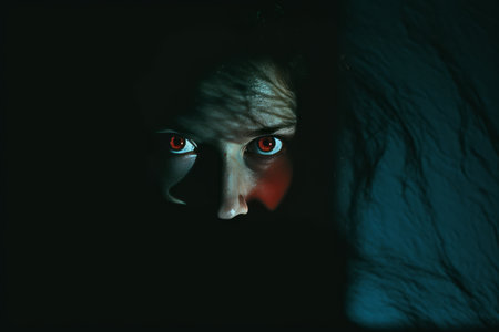 a woman in the dark with red eyesの素材