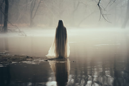 a woman in a long white dress standing in the waterの素材