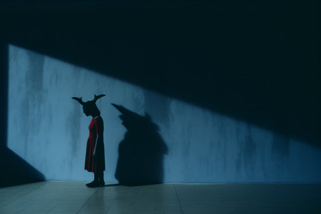 a woman in a red dress standing in front of a blue wallの素材