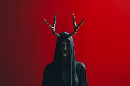 a woman in a black robe with antlers on her headの素材