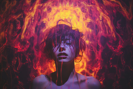 a woman in a dark room with fire coming out of her headの素材