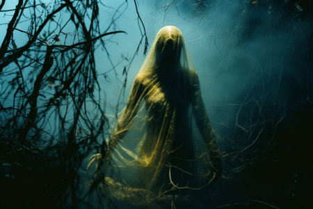 a woman in a ghostly white dress standing in the woodsの素材