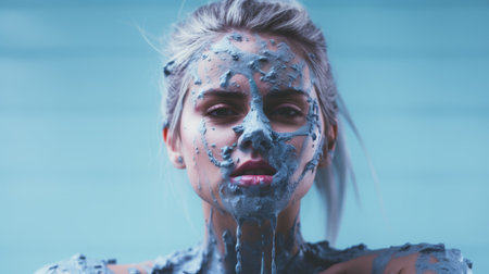 a woman covered in blue paintの素材
