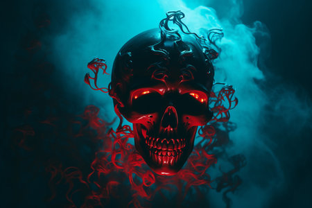a skull with glowing red eyes on a dark backgroundの素材