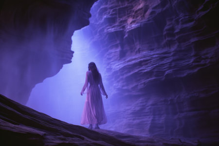 a woman in a long dress standing in front of a caveの素材