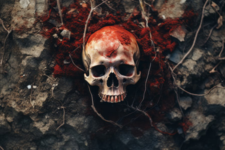 a skull with blood on it is sitting on the groundの素材