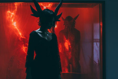 a woman in a black dress standing in front of a red lightの素材