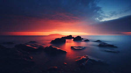 a sunset over the ocean with rocks and waterの素材