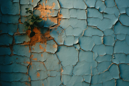a plant is growing on a blue wall with peeling paintの素材
