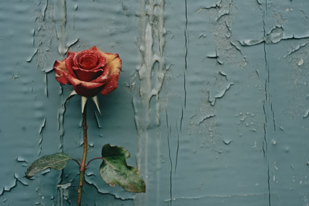 a single red rose against a blue painted wallの素材