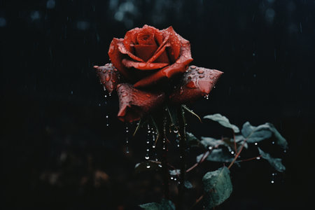 a single red rose in the rain on a dark backgroundの素材