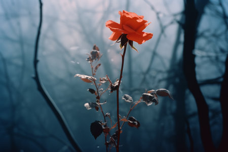 a single red rose in the middle of a dark forestの素材