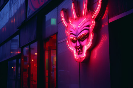 a neon sign on the side of a buildingの素材