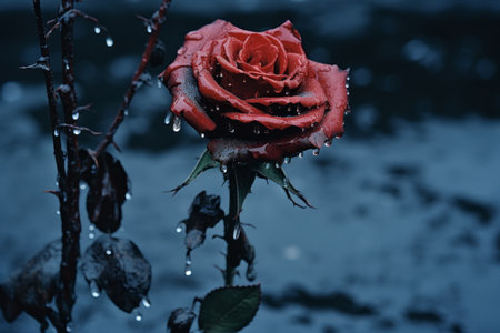 a single red rose with water droplets on itの素材