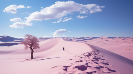 a lone tree stands in the middle of a pink sand duneの素材