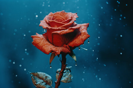 a single red rose in the rain with water dropletsの素材