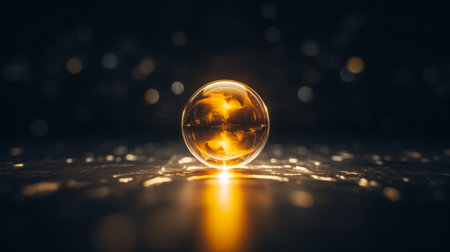 golden sphere on black background with bokeh effectの素材