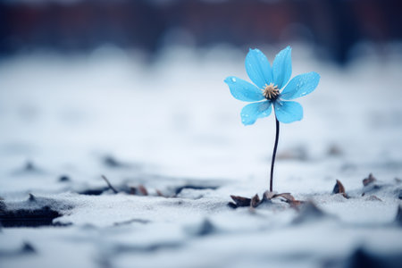 a single blue flower stands out in the snowの素材