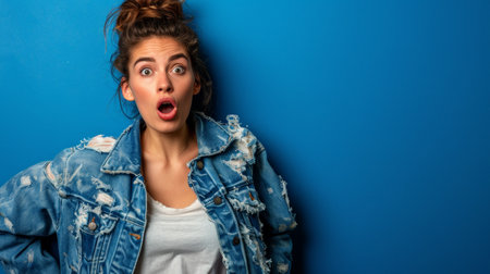 surprised woman in denim jacket looking surprised on blue backgroundの素材