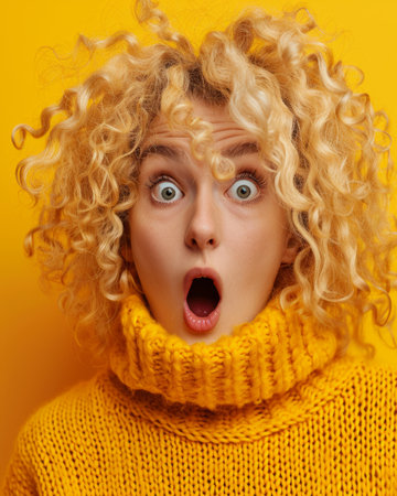 surprised woman with curly hair and yellow sweater on yellow backgroundの素材