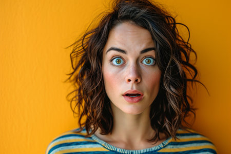 surprised woman looking at camera on orange backgroundの素材