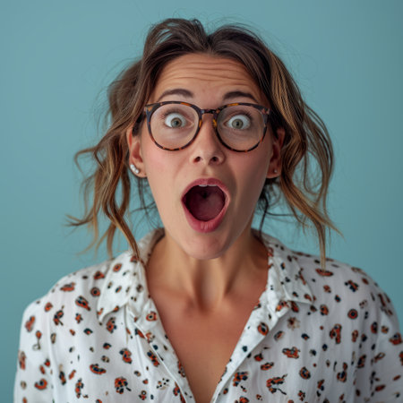 surprised woman with glasses and open mouth on blue backgroundの素材