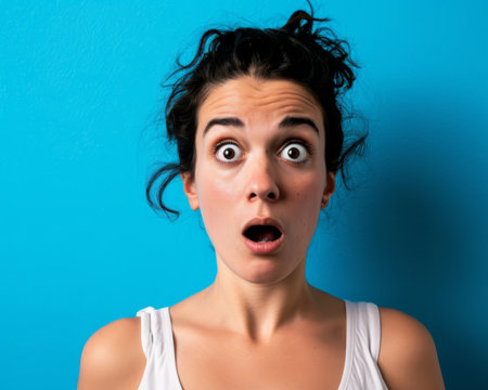 surprised woman with open mouth on blue backgroundの素材