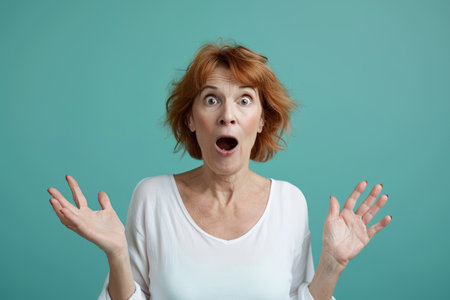 surprised woman with open mouth on blue backgroundの素材