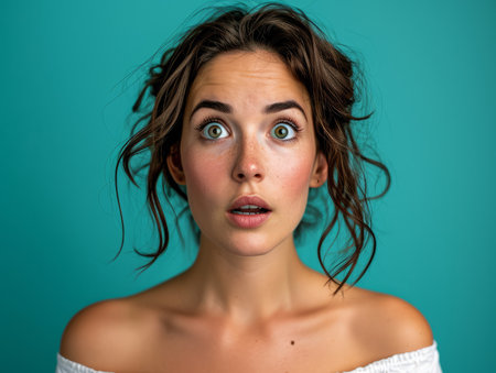 surprised young woman with open mouth looking at camera on blue background stock photoの素材