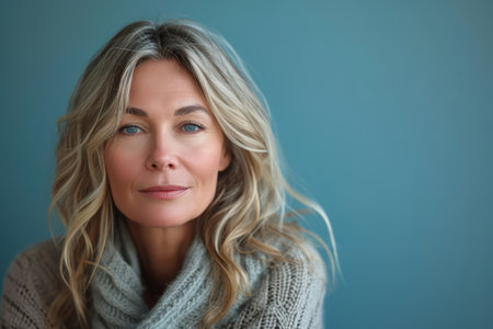 a beautiful blonde woman with blue eyes looking to the sideの素材