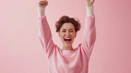 a woman in a pink sweater is raising her armsの素材