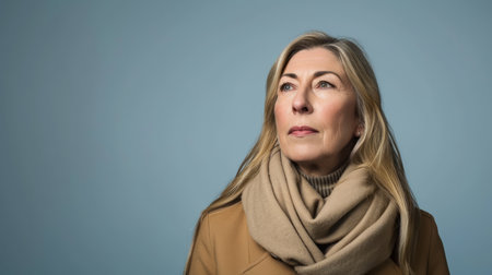 a woman in a brown coat and scarf looking upの素材