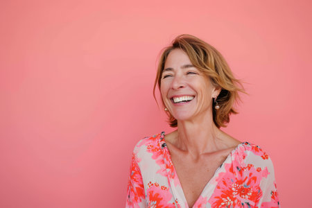 a smiling woman in a floral shirt against a pink backgroundの素材
