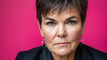 a close up of a woman with short hairの素材