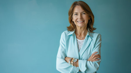 a woman in a blue blazer standing in front of a blue wallの素材