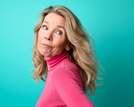 a woman in a pink turtleneck posing against a blue backgroundの素材