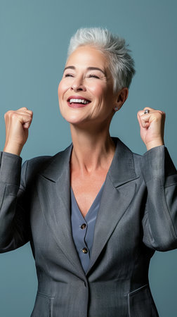 a woman in a business suit raising her fistの素材